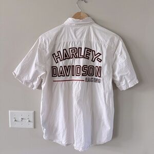Harley-Davidson Racing Embroidered Logo Short Sleeve Pinstripe Button Down Shirt